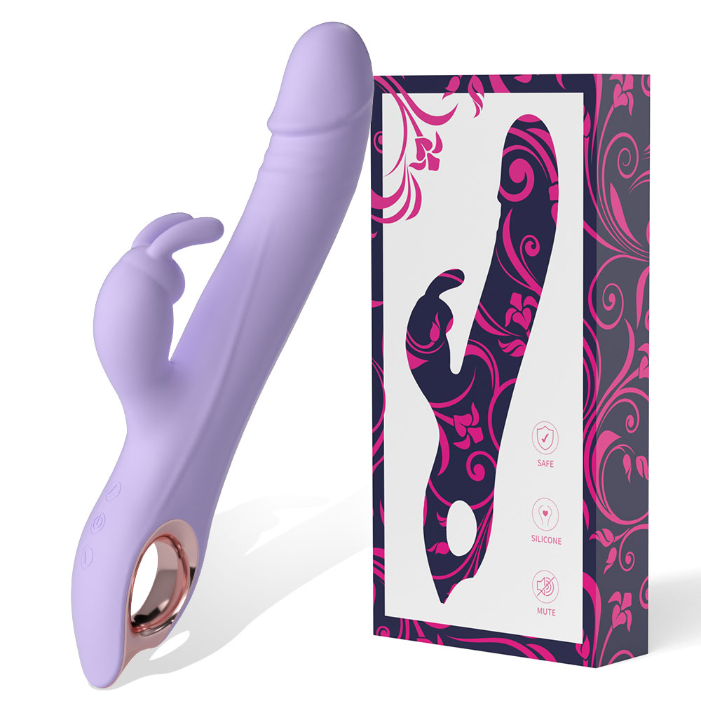 Light purple rabbit-style personal massager beside its patterned packaging box