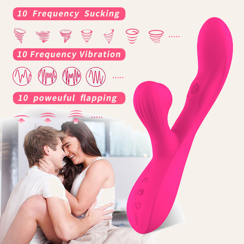 Rose red personal massager showing suction, vibration, and tapping mode controls