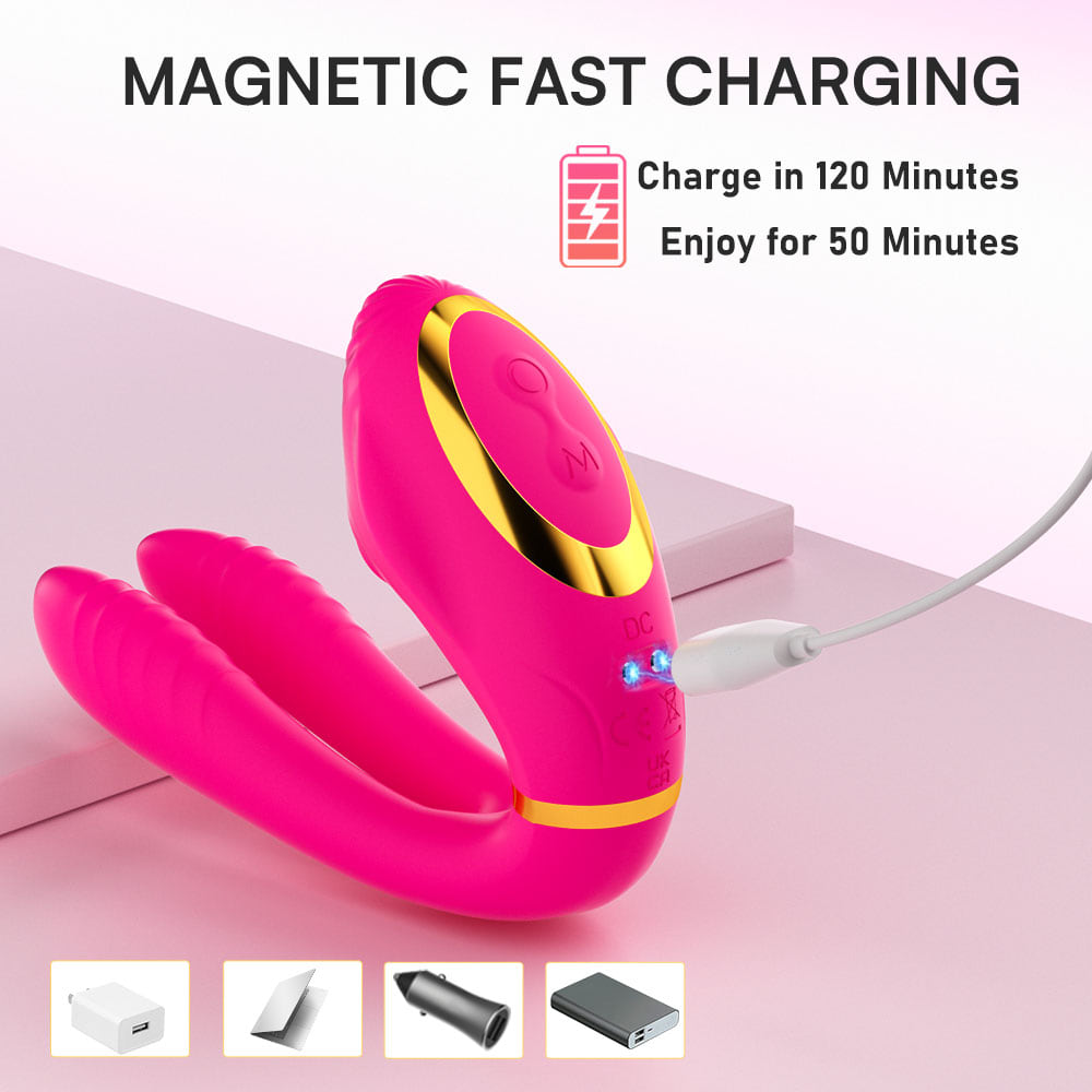 Magnetic charging cable connected to the rose-pink personal massager