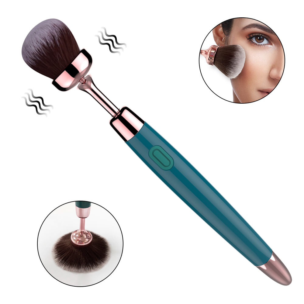 Teal rechargeable makeup brush personal massager shown at an angle